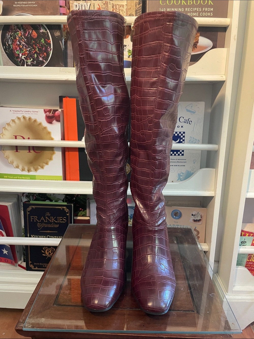 Croc-Embossed Tall Knee Boots in Deep Burgundy - Picture 2 of 12